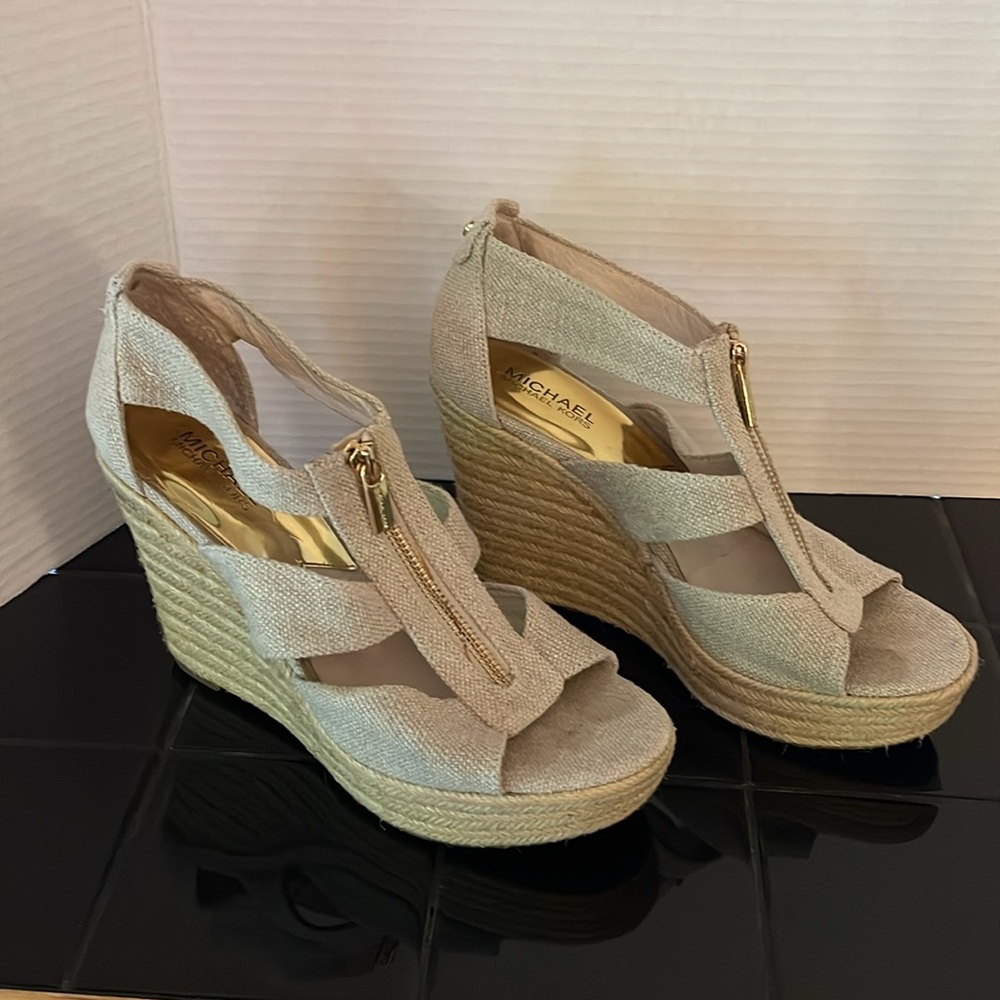 Michael Kors Beige Espadrille Wedge Sandals with Gold Zipper